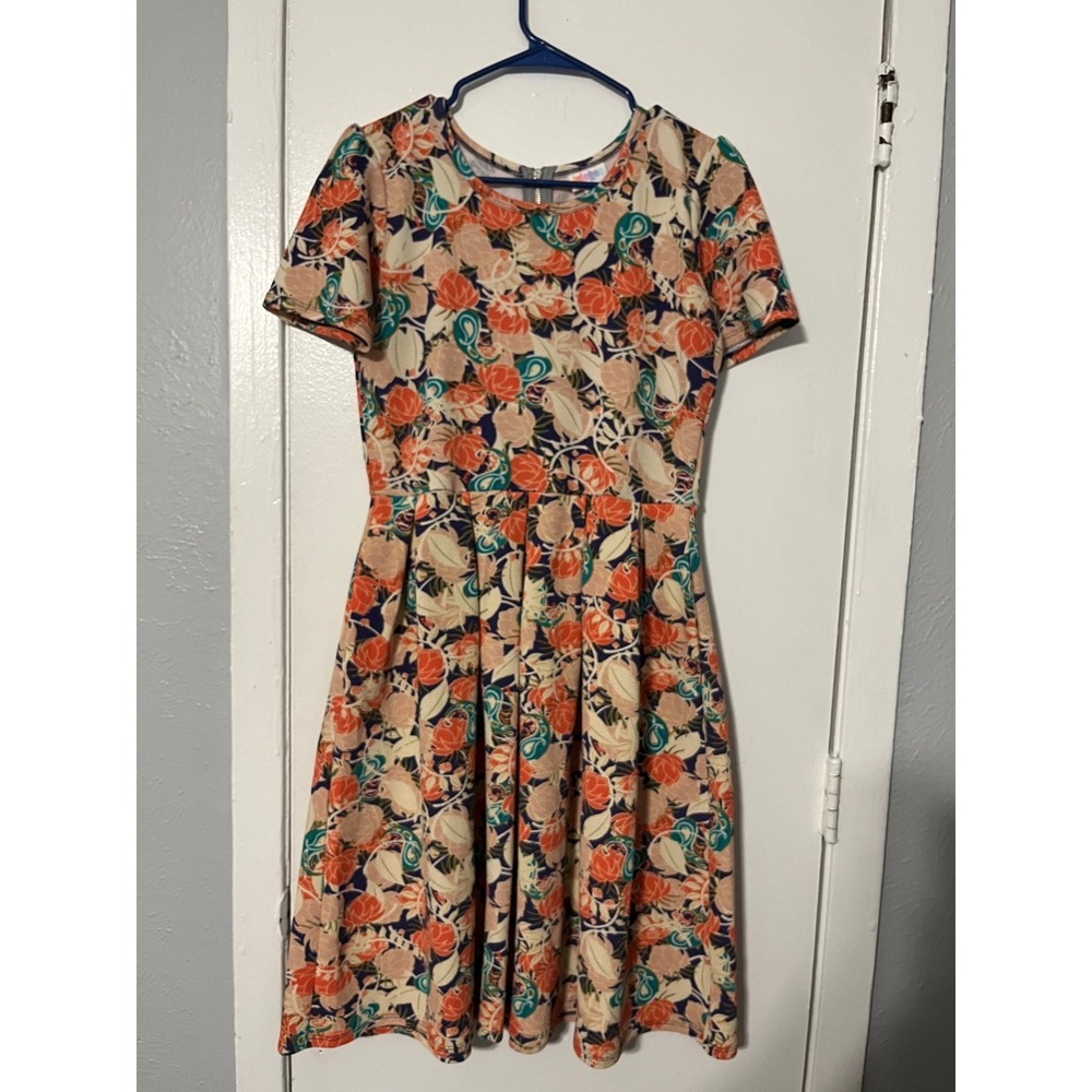 LuLaRoe Amelia Dress Womens Medium Orange Floral Paisley Pockets Pleated Flare